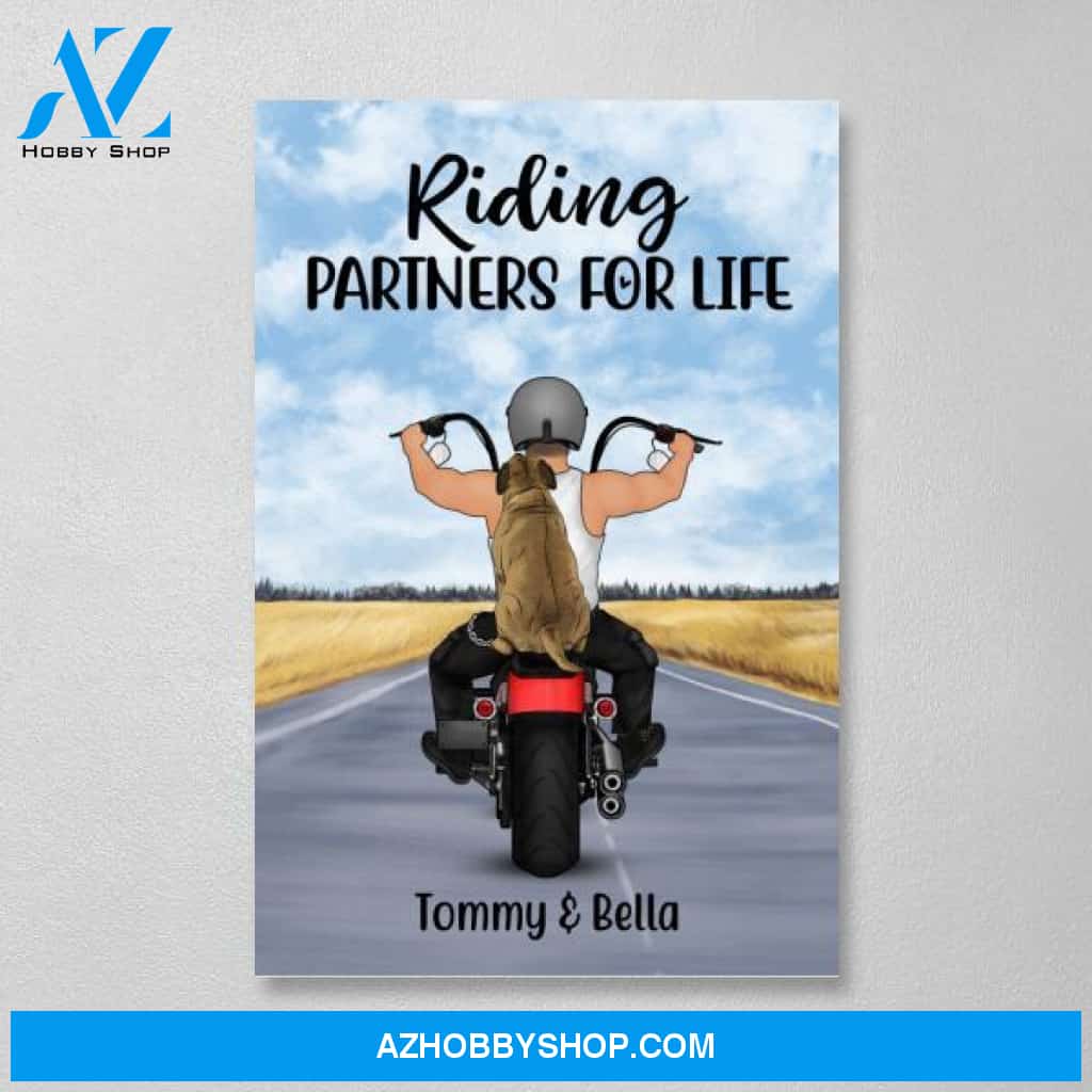 Personalized Canvas, Motorcycle Man with Dog, Dog Dad, Custom Gift for Bikers and Dog Lovers
