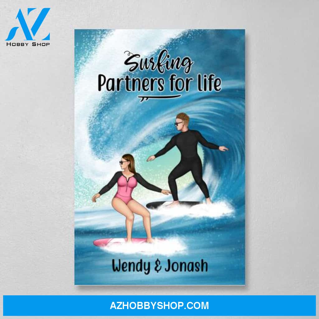Personalized Canvas, Surfing Couple Sideview Gift for Surfers