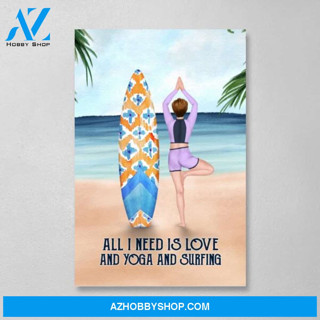 Personalized Canvas, Surfing Woman Doing Yoga, Gift for Surfing and Yoga Lovers