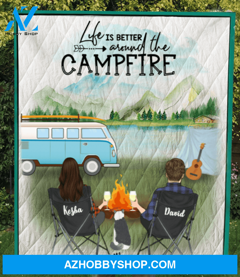 Personalized cat & owners camping blanket gift idea for the whole family, cat lovers - Couple & 1 Cat camping quilt blanket