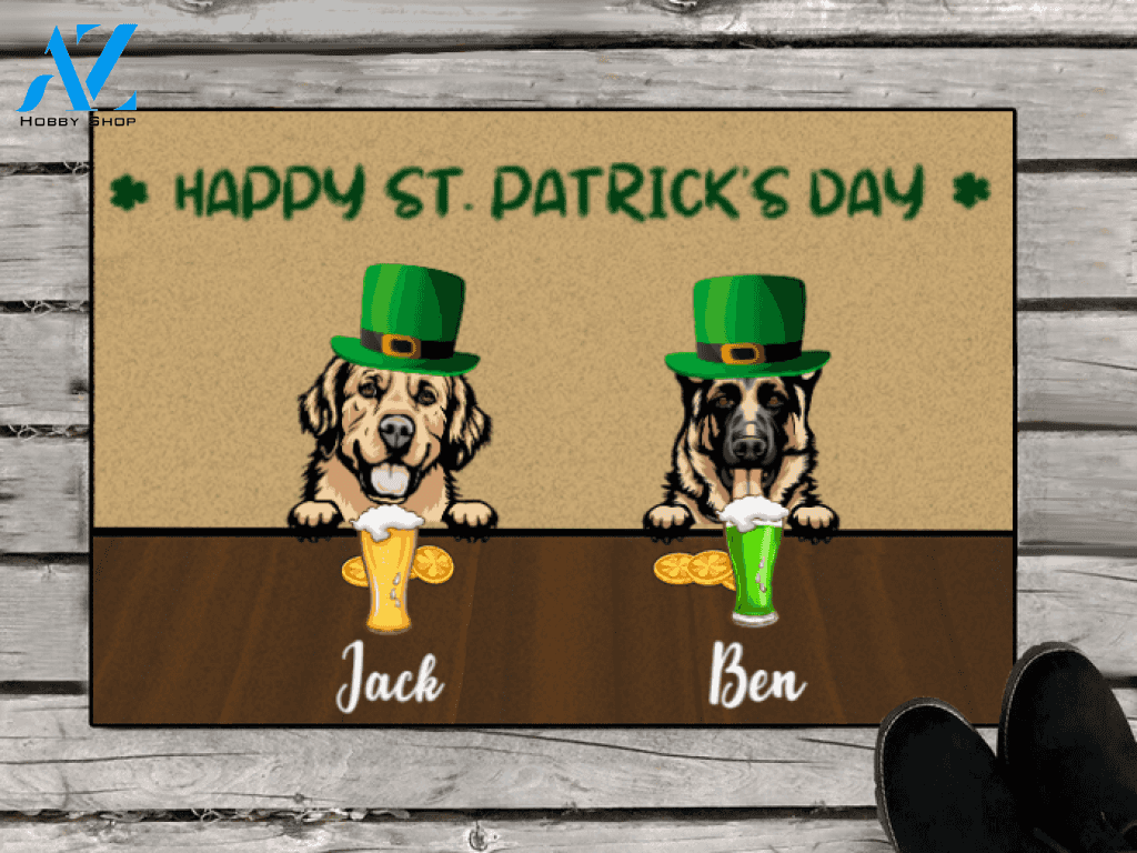 Personalized doormat, gift for dog lovers - 2 Dogs - Happy St.Patrick's Day