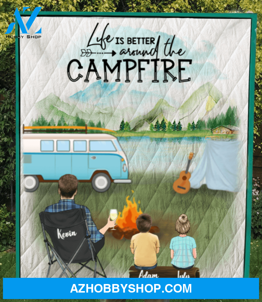Personalized Fishing Blanket Gift For Dad/Single Dad - Best Camping Quilt - Dad with upto 3 Kids & 1 dog camping quilt blanket