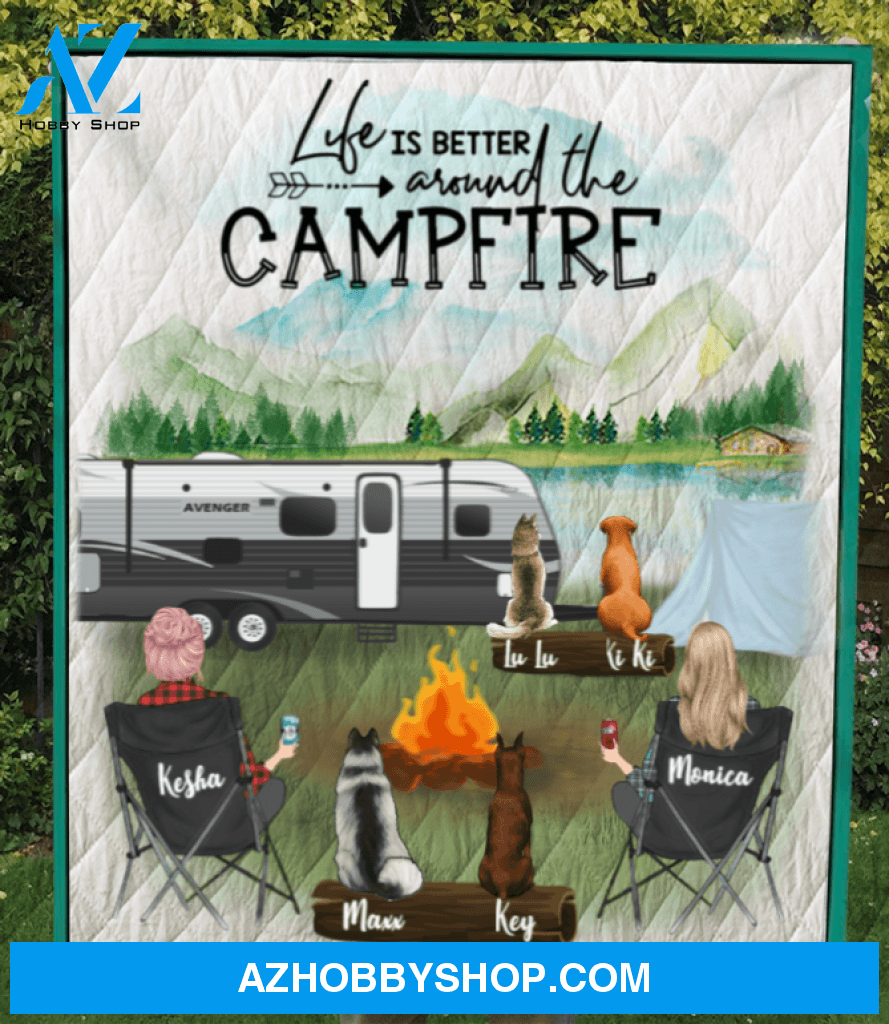 Personalized Gift For Same Sex Couple - Personalized Camping Blanket - 2 Women with 4 Dogs Camping Quilt Blanket - Life is better around the campfire