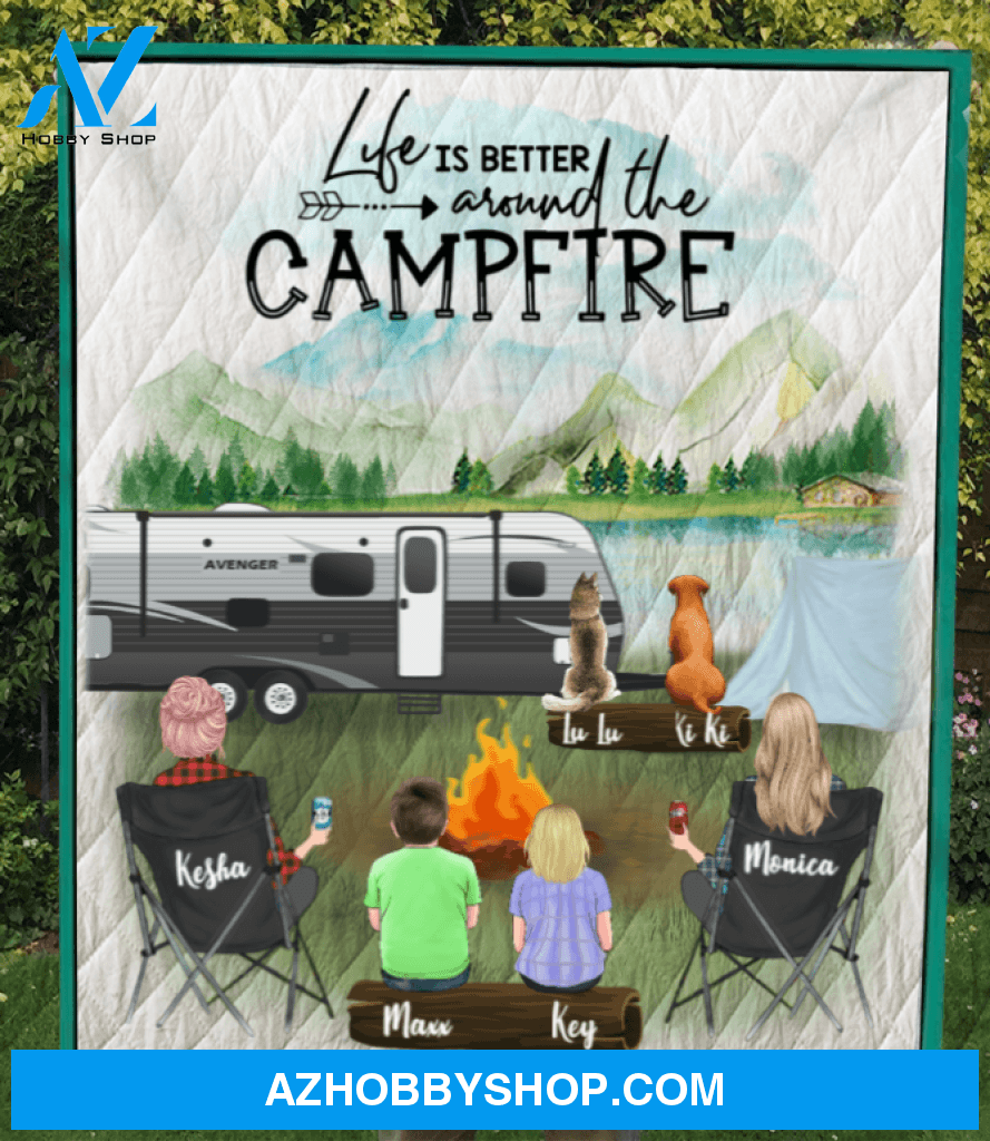 Personalized Gift For Same Sex Couple - 2 Women with 2 Kids & 2 Pets Camping Quilt Blanket - Life is better around the campfire