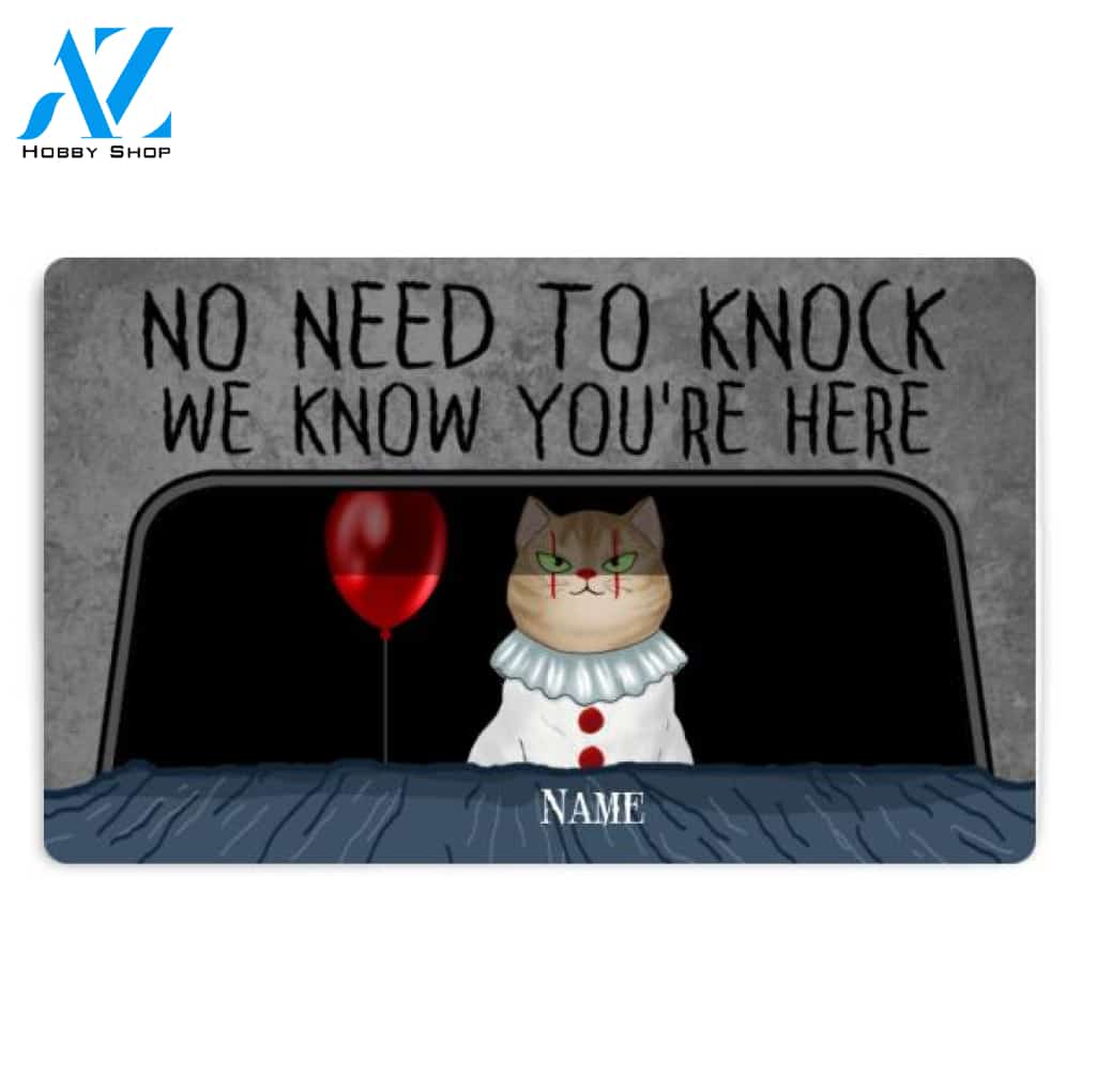 Personalized Halloween Gift Horror Cat No Need To Knock We Know You're Here Doormat, Custom Up To 3 Cats