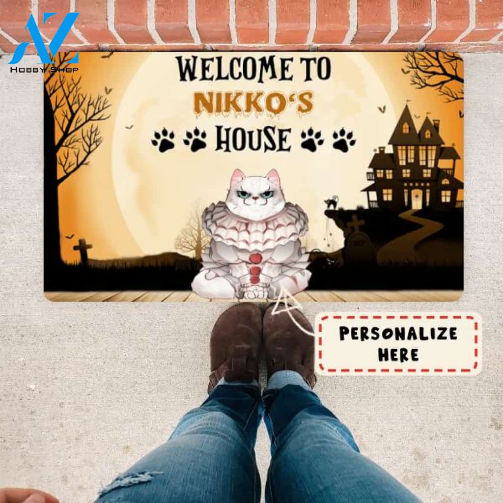 Personalized Halloween Welcome To Cat's House Doormat, Custom Up to 3 Cats