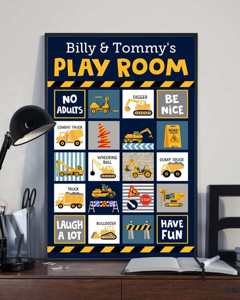 Personalized Heavy Equipment Play Room Custom Name Vertical Poster/ Matte Canvas No Frame