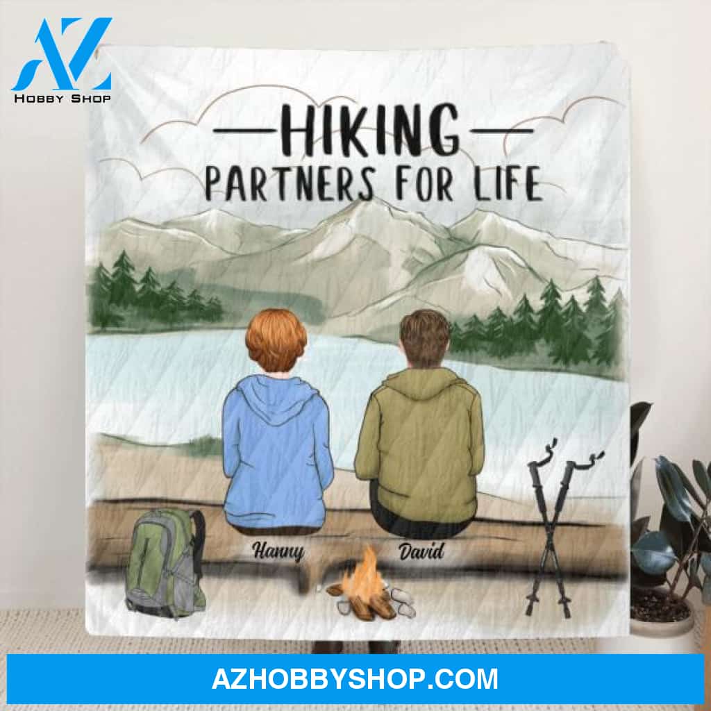 Personalized Hiking Couple Quilt/ Fleece Blanket - Couple With Upto 4 Pets - Best Gift For Hiking Lover - Hiking Partners For Life