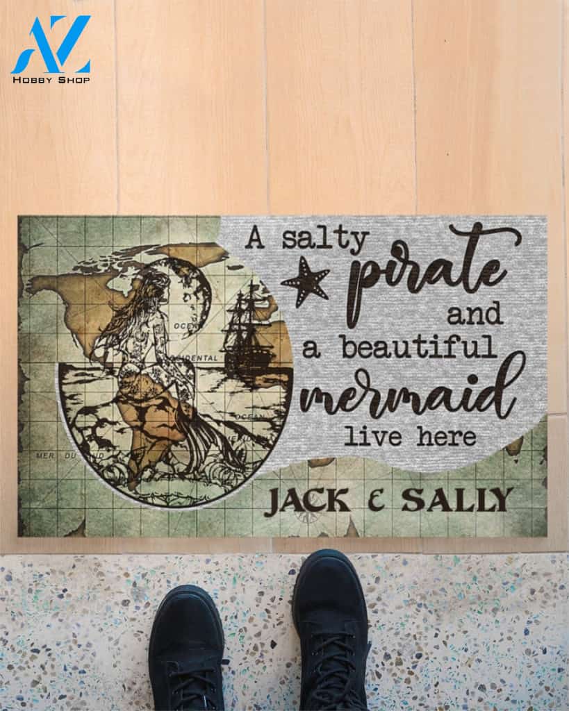 Personalized Mermaid And Pirate Live Here Funny Indoor And Outdoor Doormat Warm House Gift Welcome Mat Birthday Gift For Mermaid Lovers