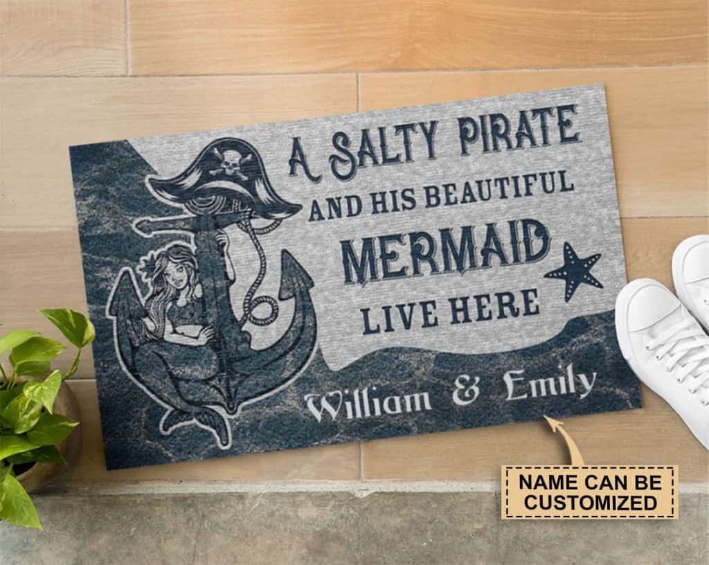 Personalized Mermaid Salty Pirate Live Here Customized Doormat