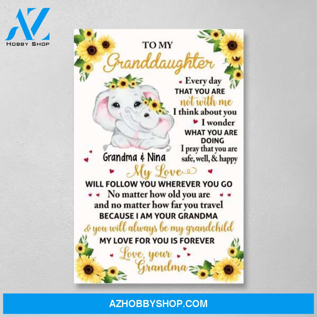 Personalized Portrait Canvas, To My Granddaughter, Floral Elephant Grandma And Granddaughter, Gift For Granddaughter
