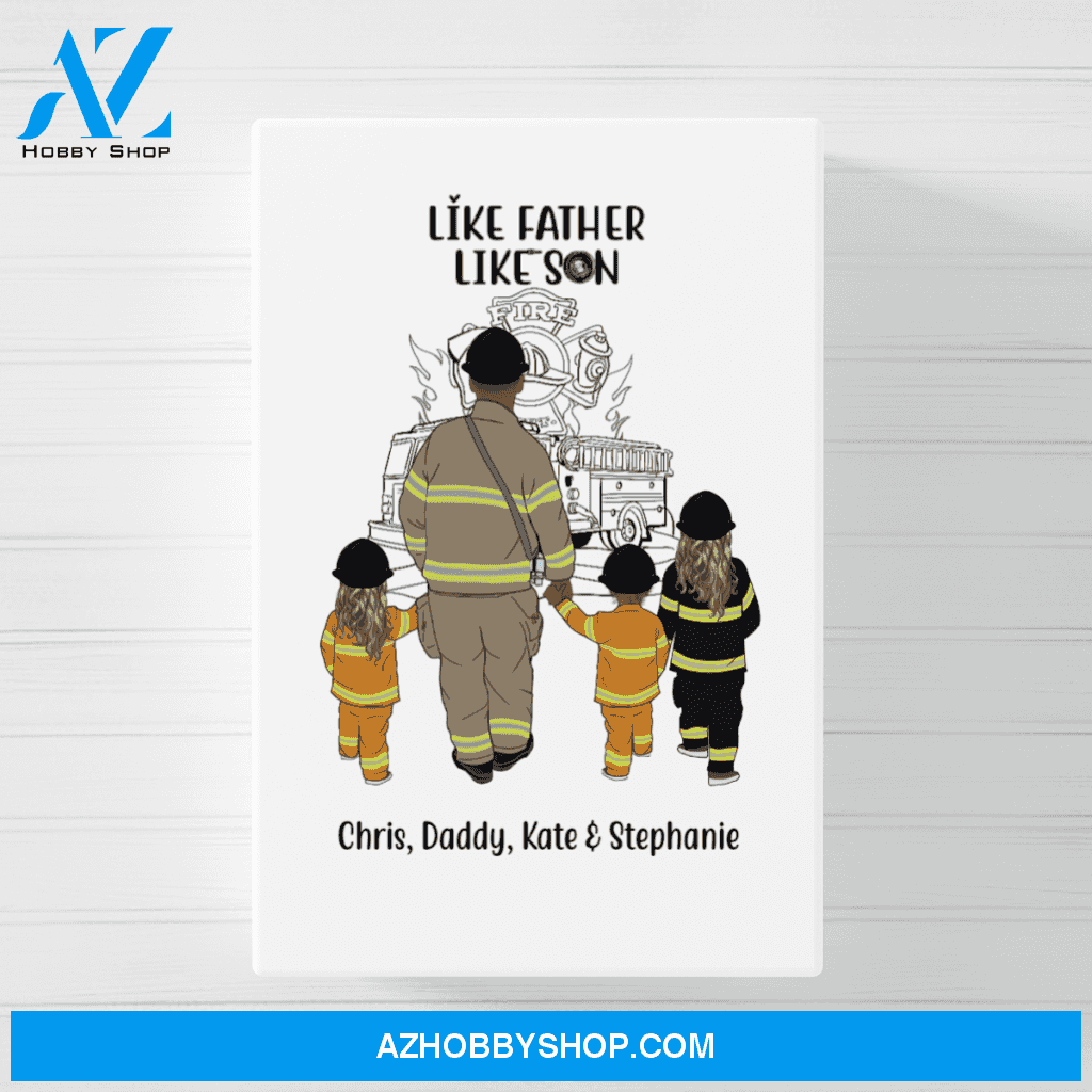 Personalized Poster/Canvas, Firefighter Dad and 3 Kids, Custom Gift for Firefighters