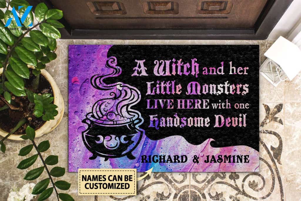 Personalized Witch And Her Little Monsters Live Here Customized Doormat | Welcome Mat | House Warming Gift