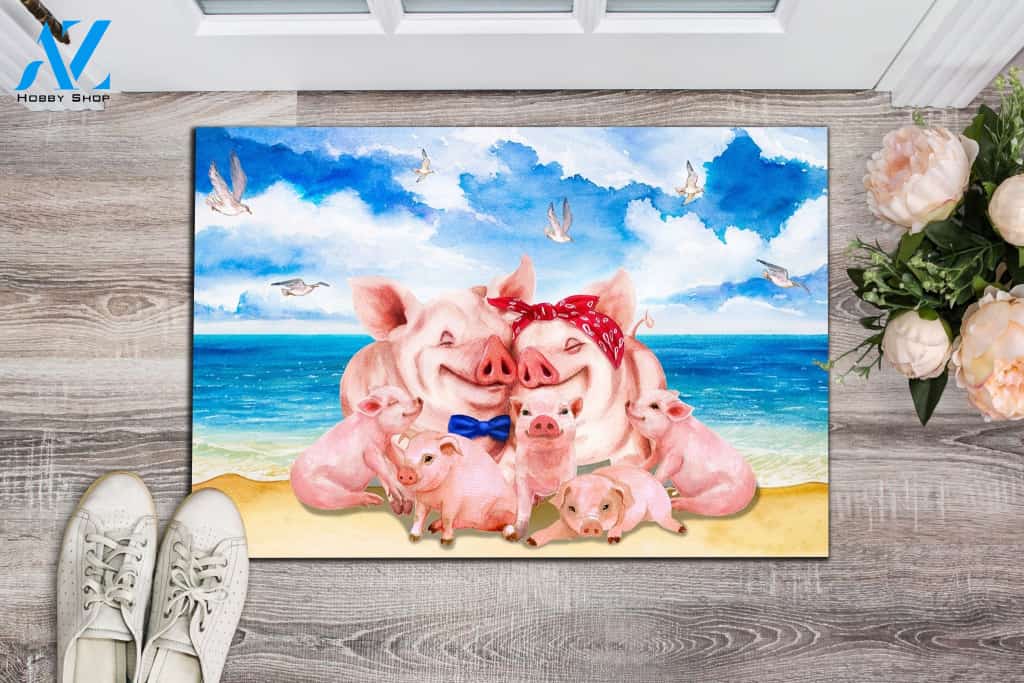 Pig family and the beach Indoor and Outdoor Doormat Warm House Gift Welcome Mat Gift for Labrador Lovers Birthday Gift