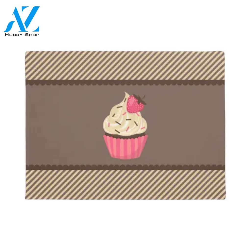 Pink Cream Brown Stripes Strawberry Cupcake Doormat Welcome Mat House Warming Gift Home Decor Funny Doormat Gift Idea