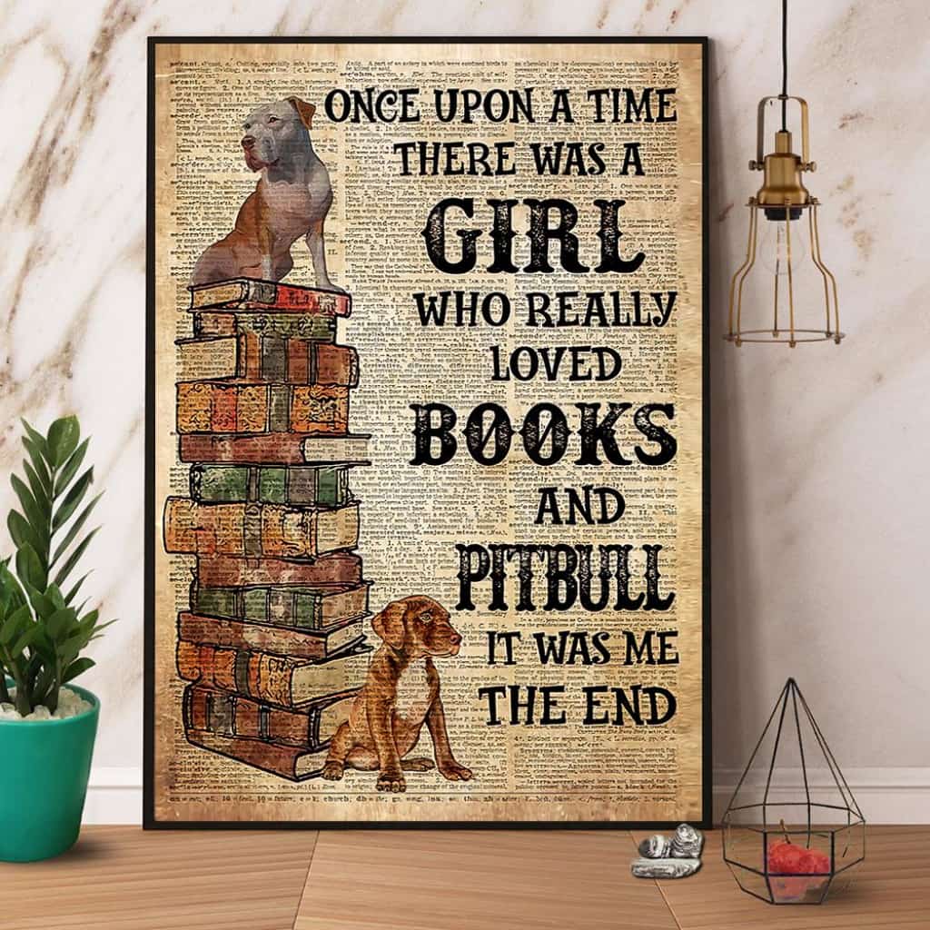 Pitbull & Books A Girl Who Really Loved Books And Pitbull Paper Poster No Frame Matte Canvas Wall Decor
