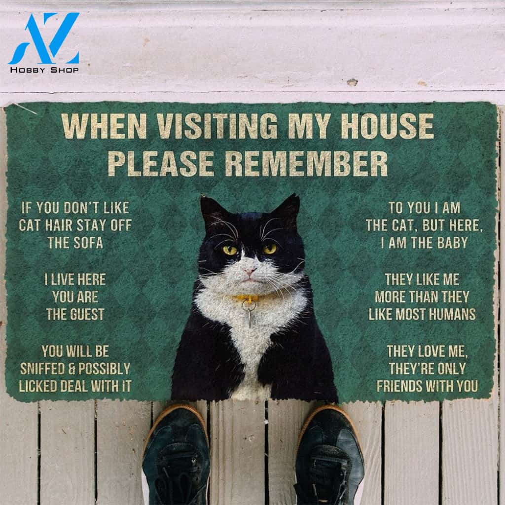 PLEASE REMEMBER TUXEDO CAT HOUSE RULES DOORMAT Warm House Gift Welcome Mat Birthday Gift Funny Gift Gift For TUXEDO CAT Lover