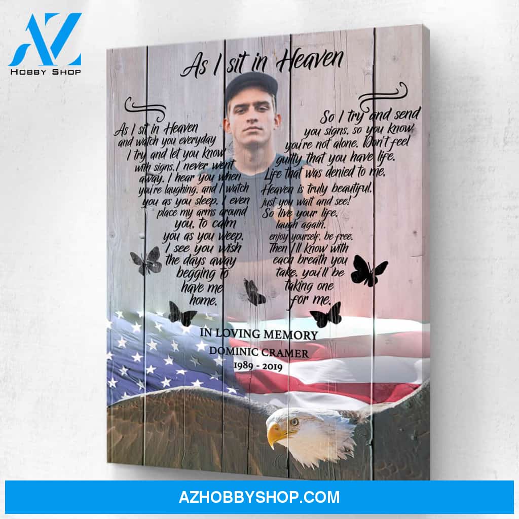 Preview Request I Sit in Heaven American Eagle Background Personalized Photo Memorial Canvas, Canvas Wall Art Gift for Remembrance