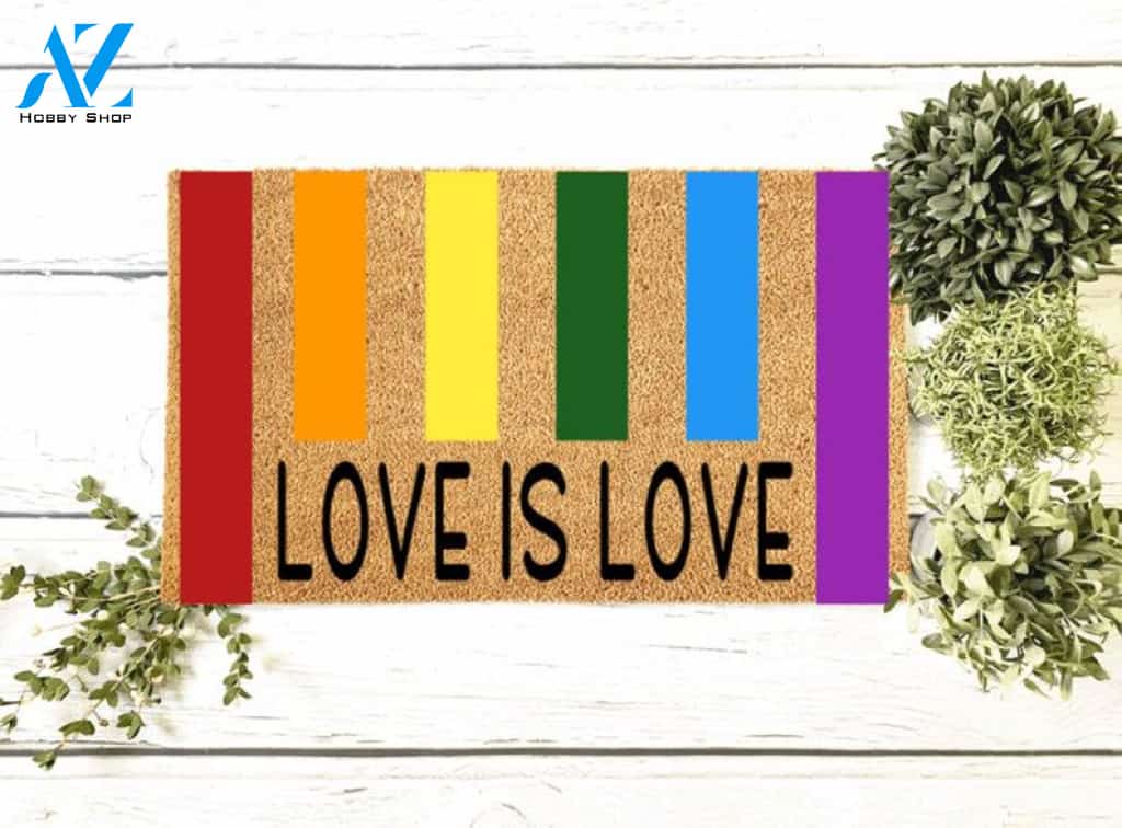 Pride Doormat, Love is Love Welcome Mat, LGBT Gift, Custom Pride Gift, Rainbow Doormat, Housewarming Gift, Proud Doormat, Colorful Rug