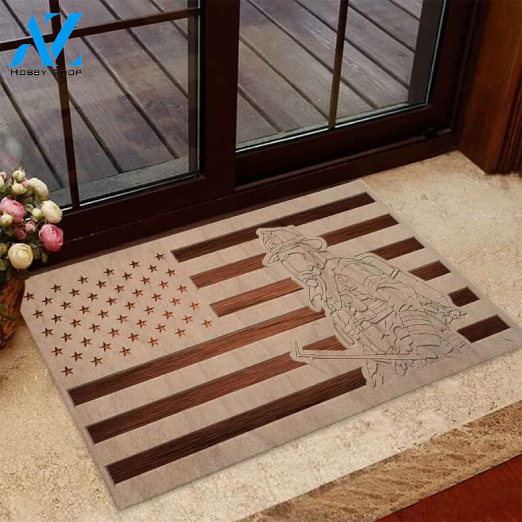 Proud American Firefighter US Flag Indoor And Outdoor Doormat Warm House Gift Welcome Mat Birthday Gift For Firefighter
