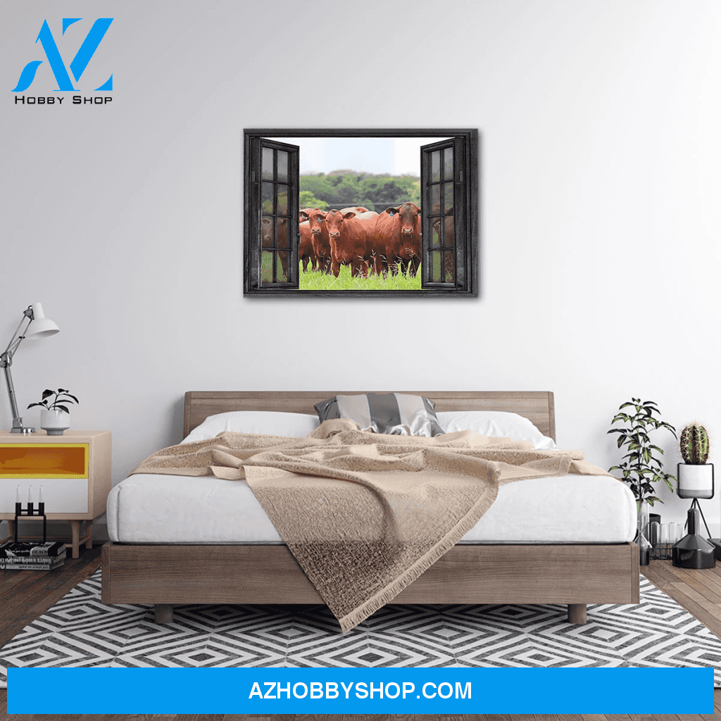 Red Angus Cow Outside The Window Premium Canvas Wall Art, Wall Decor Visual Art