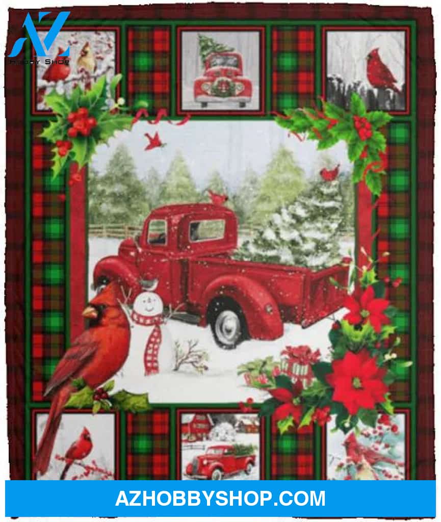 Red Truck Cardinal Merry Christmas Flannel Fleece Blanket Gift For People Home Decor Bedding Couch Sofa Soft And Comfy Cozy