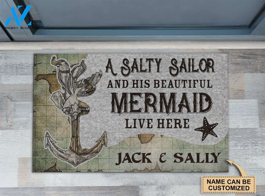 Sailor And His Beautiful Mermaid Live Here Custom Doormat | Welcome Mat | House Warming Gift