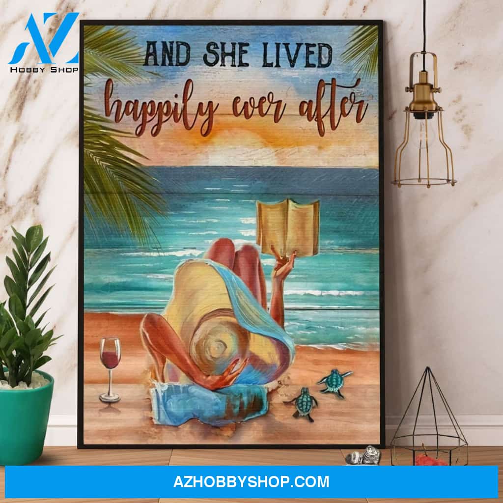 Sea Turtle And Girl And She Lived Happily Ever After Canvas And Poster, Wall Decor Visual Art
