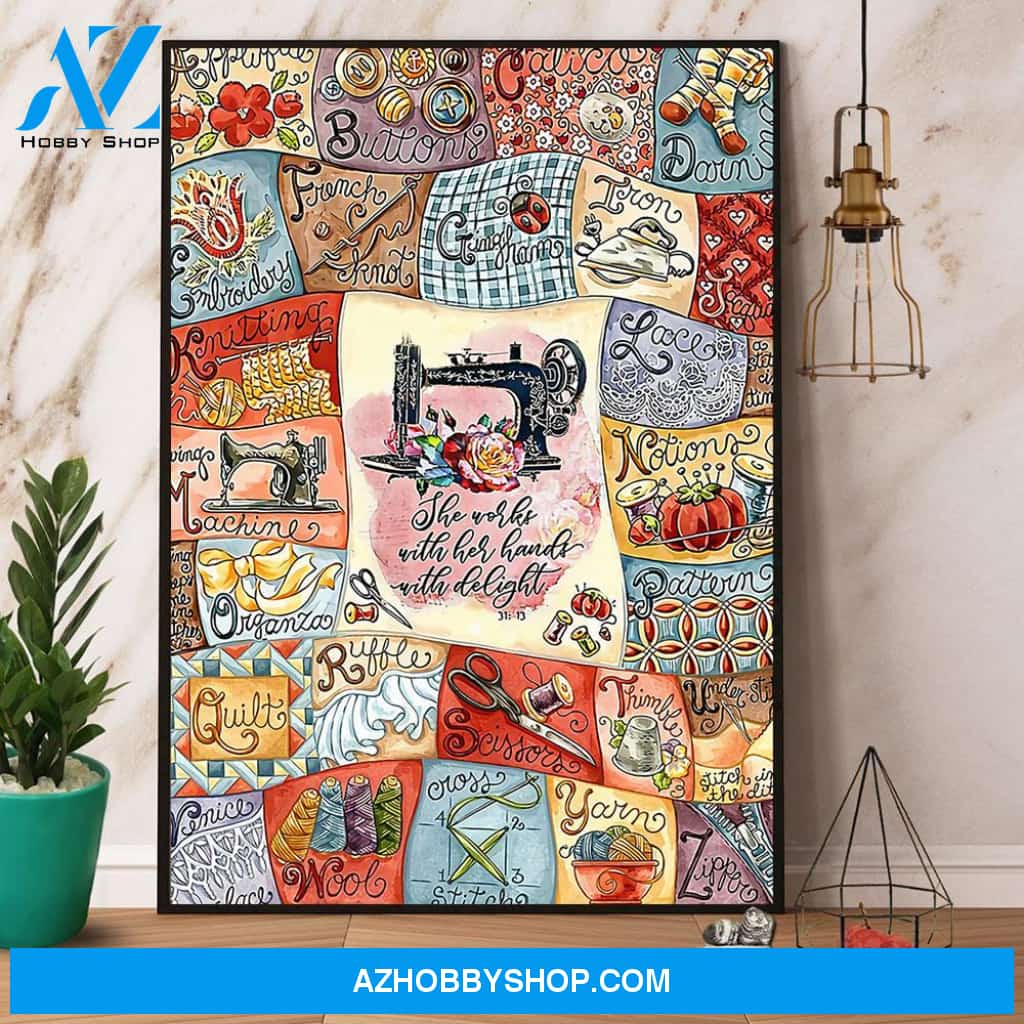 Sewing She Works With Her Hand With Delight Canvas And Poster, Wall Decor Visual Art