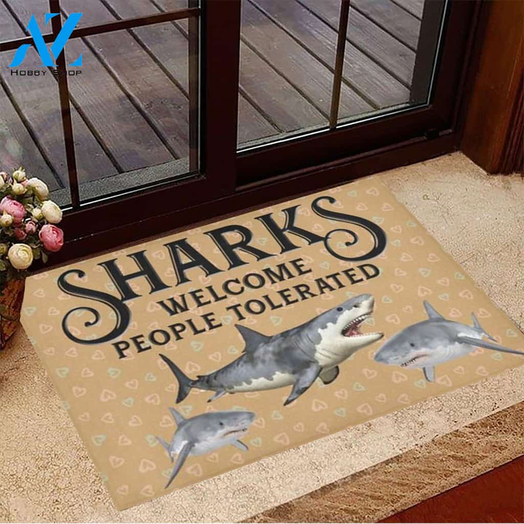 Sharks Welcome People Tolerated Doormat Welcome Mat Housewarming Gift Home Decor Funny Doormat Gift For Friend Gift Idea For Shark Lovers