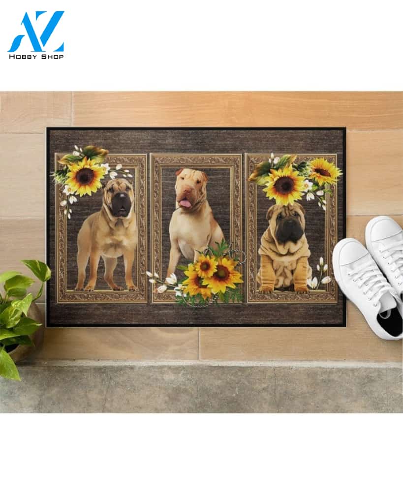 SharPei Dog And Sunflowers Doormat Welcome Mat Housewarming Gift Home Decor Funny Doormat Best Gift Idea For Dog Lovers Gift For Friend