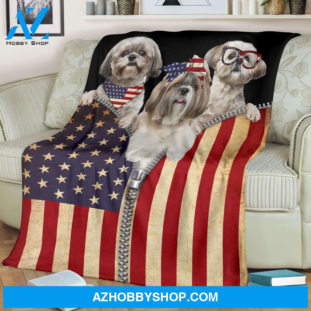 Shih Tzu American Flag Zipper Blanket Gift For Dog Lovers Birthday Gift Home Decor Bedding Couch Sofa Soft and Comfy Cozy