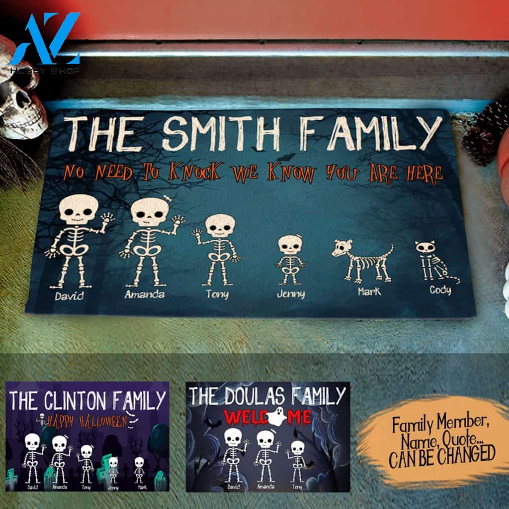 Skeleton Family Halloween Personalized Doormat, No Need To Knock We Know You Are Here, Home Sweet Haunted Home, AZ Custom Live Preview AM07
