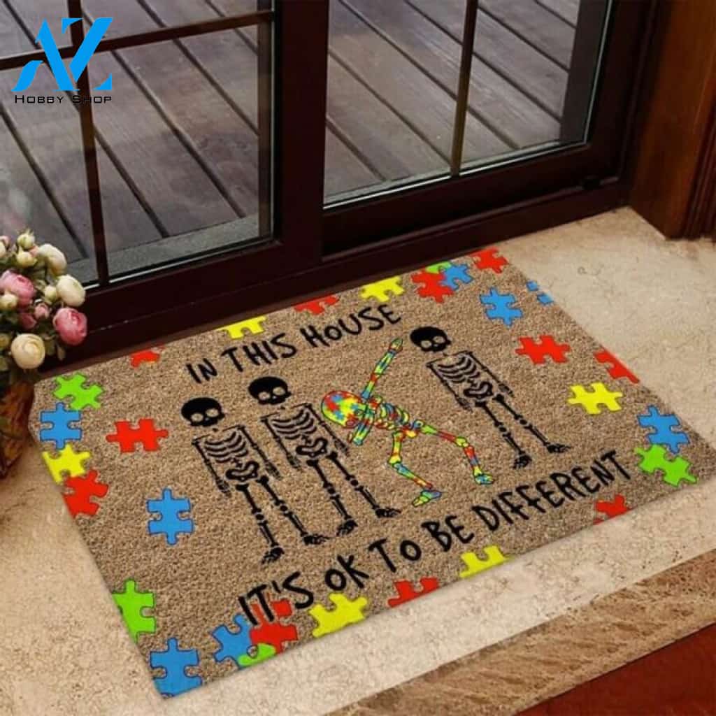 Skeleton In This House It's Ok To Be Different Autism Awareness Coir Pattern Print Doormat | Welcome Mat | House Warming Gift