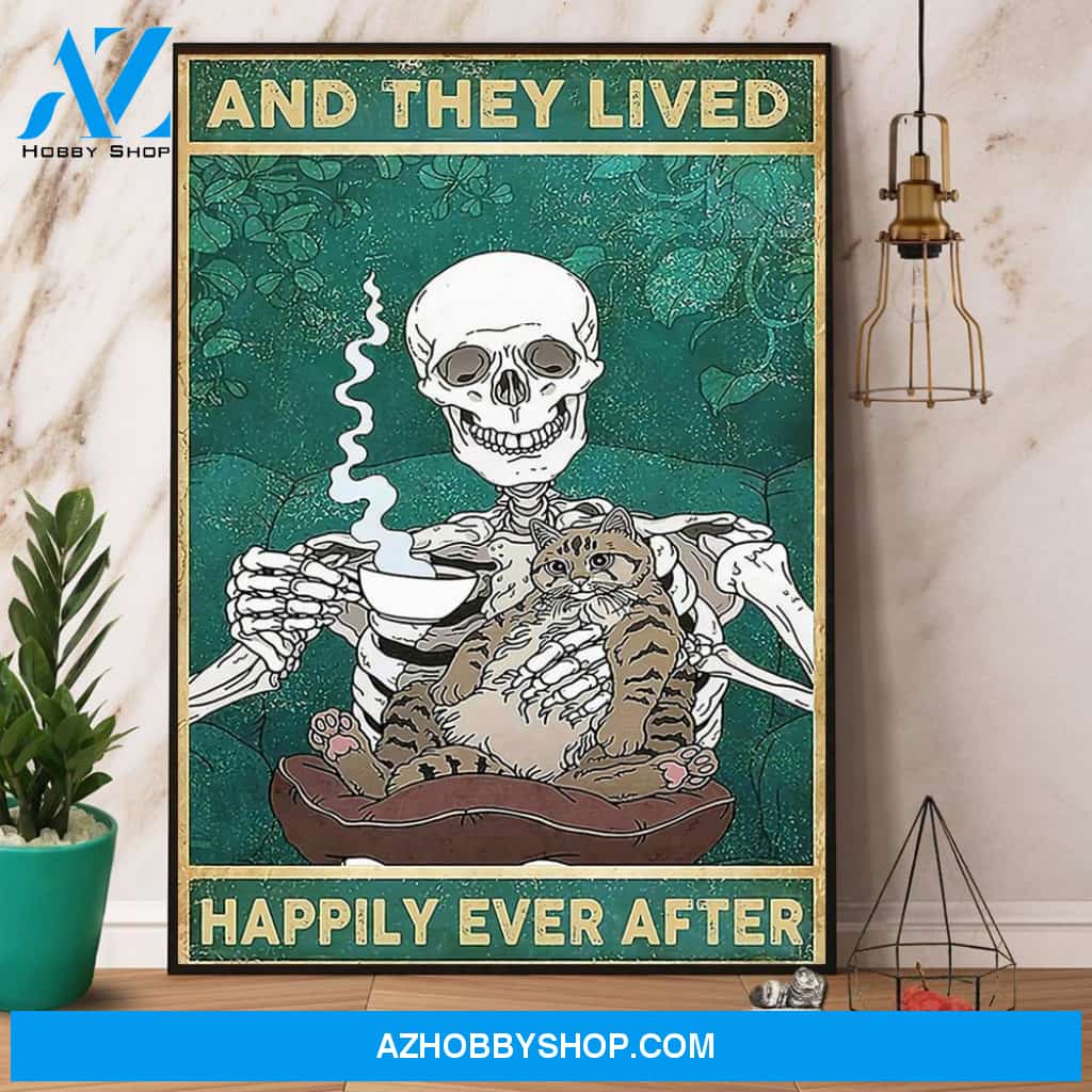 Skull And Cat And They Lived Happily Ever After Canvas And Poster, Wall Decor Visual Art