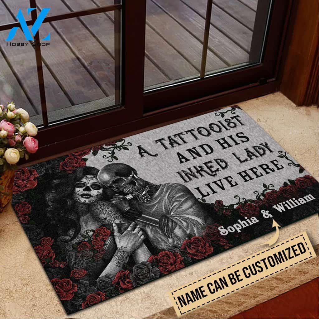 Skull Tattooist And Inked Lady Live Here Custom Doormat | Welcome Mat | House Warming Gift