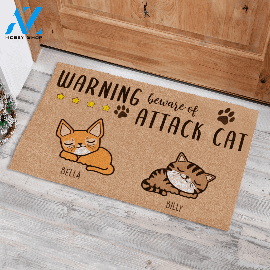 Sleeping Cat , Warning Beware Of Attack Cat Personalized Doormat TV
