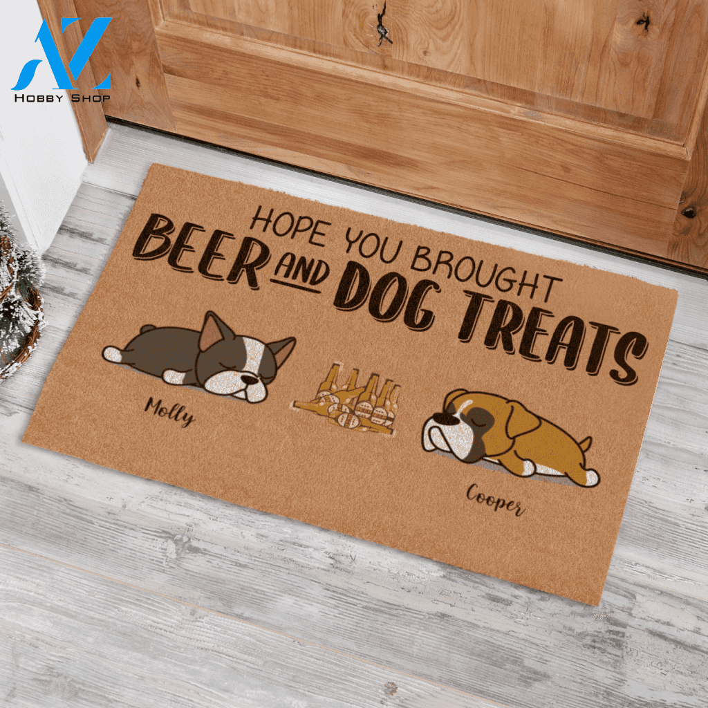 Sleeping Dog Hope You Brought Beer And Dog Treats Custom Name Dog Printed Doormat Home Decor