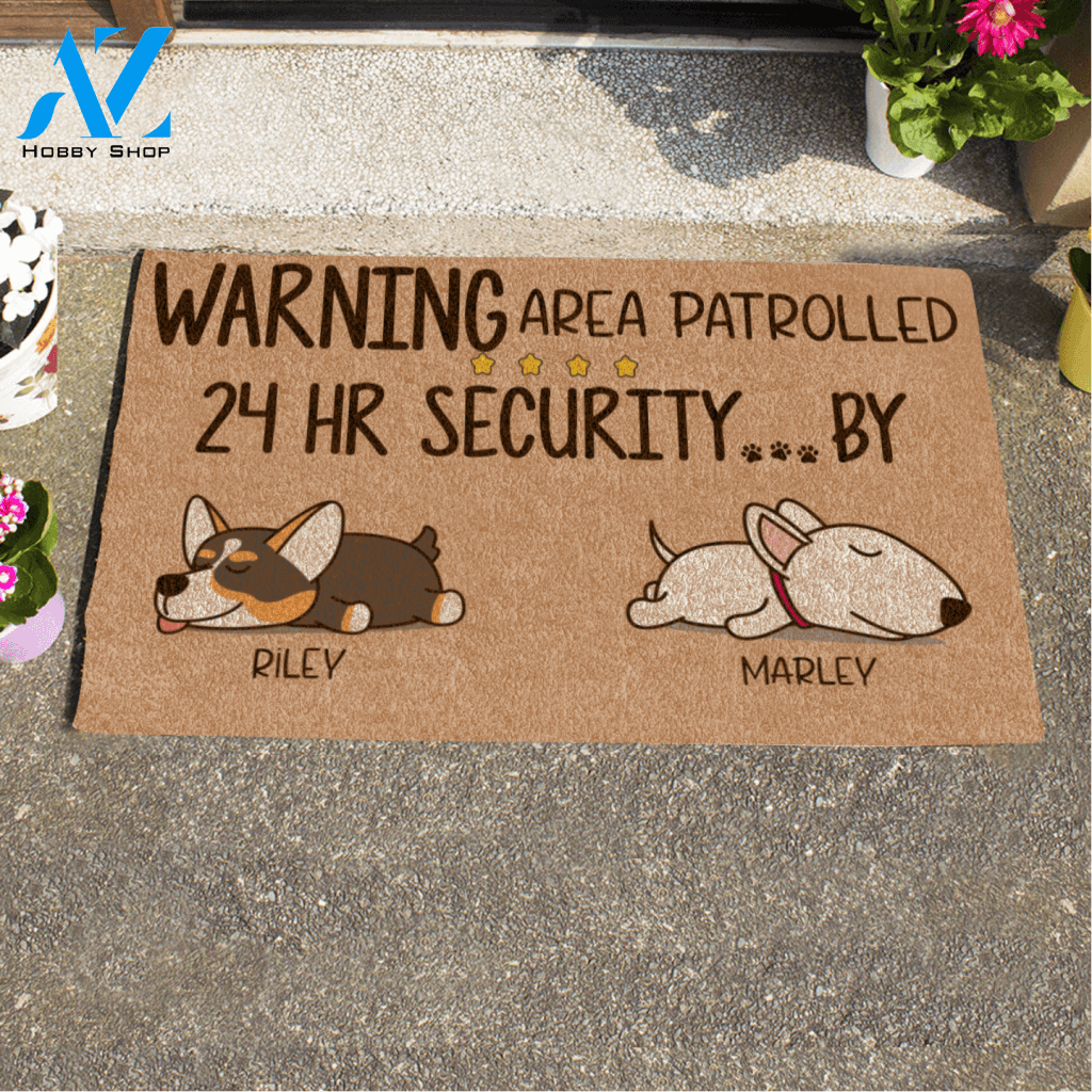 Sleeping Dog, Warning Area Patrolled 24hr Security ... By , Personalized Dog Doormat HQ