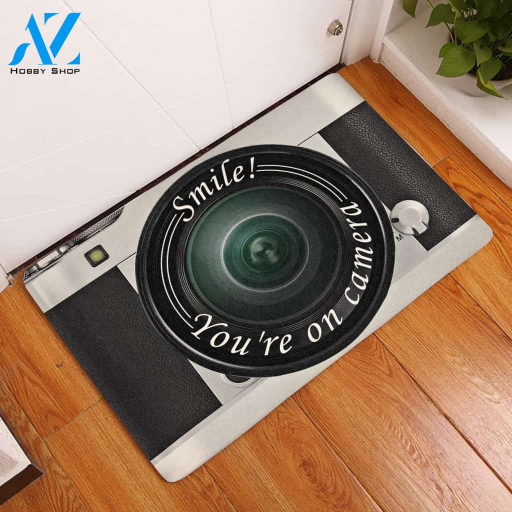 Smile You're On Camera Funny Indoor And Outdoor Doormat Warm House Gift Welcome Mat Gift For Camera Lovers