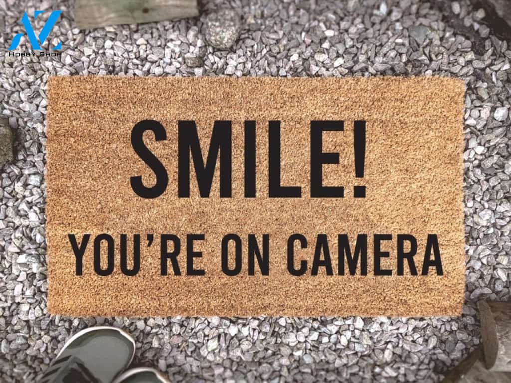 Smile You're On Camera Quote Funny Doormat Warm House Gift Welcome Mat Gift for Friend Family