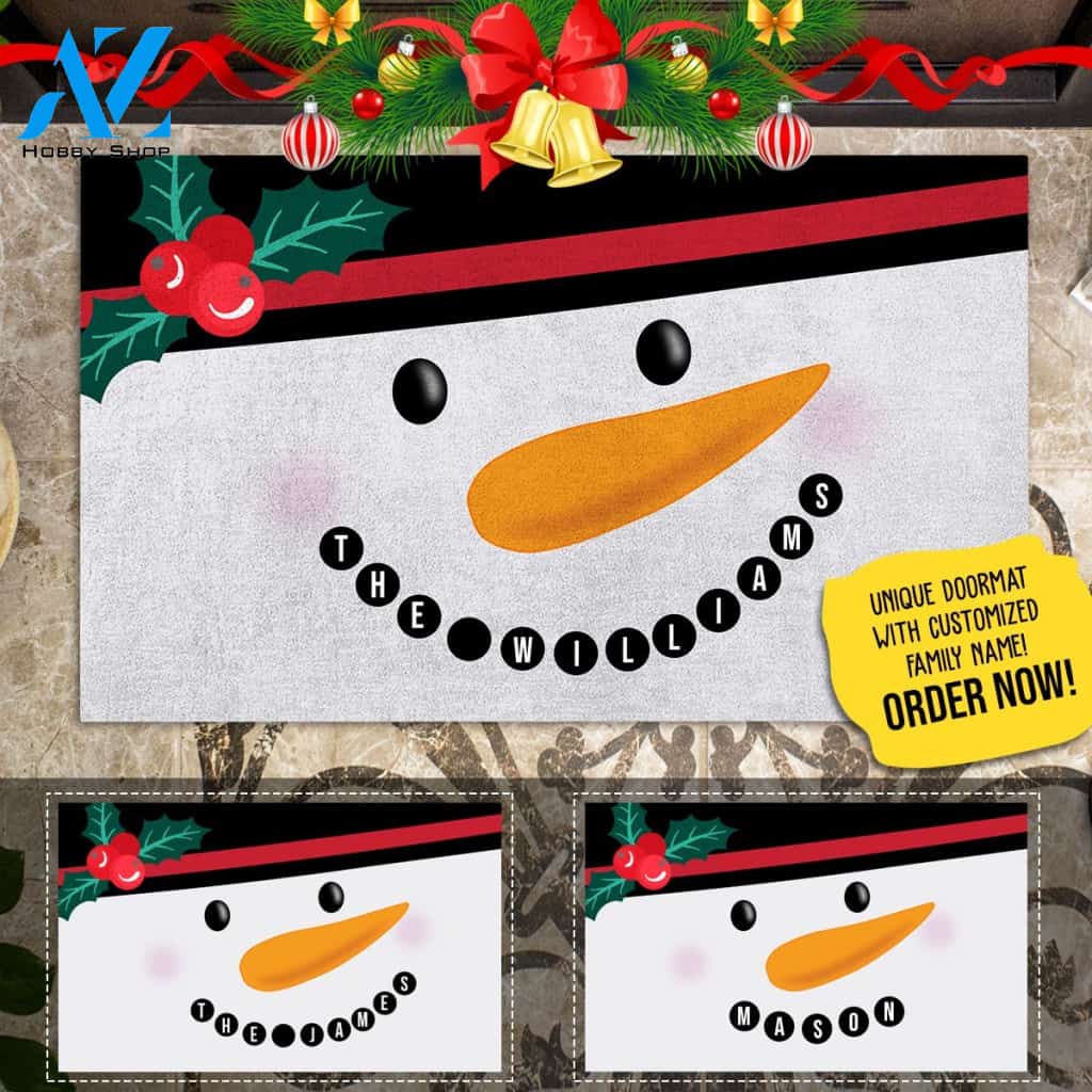 Smiling Snowman With Family Name Personalized Doormat AP