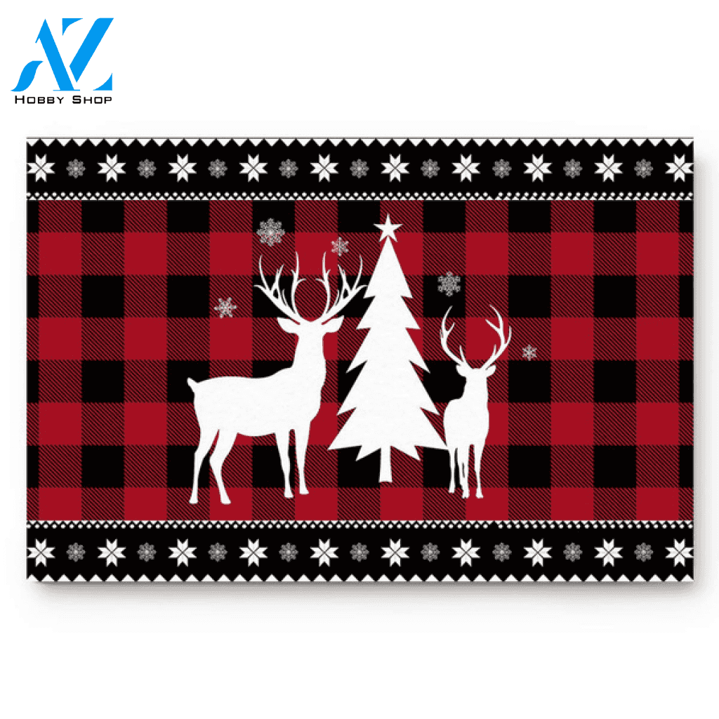 Snowflake Christmas Tree Red And Black Plaid Doormat Entrance Door Rug, Welcome Mat Housewarming Home Decor Funny Doormat Gift Idea