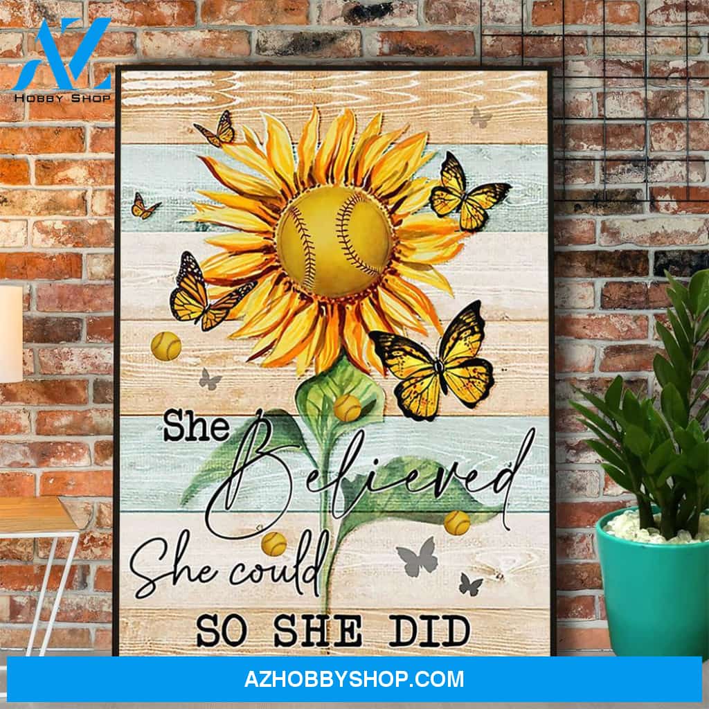 Softball Sunflower She Believed She Could So She Did Canvas And Poster, Wall Decor Visual Art