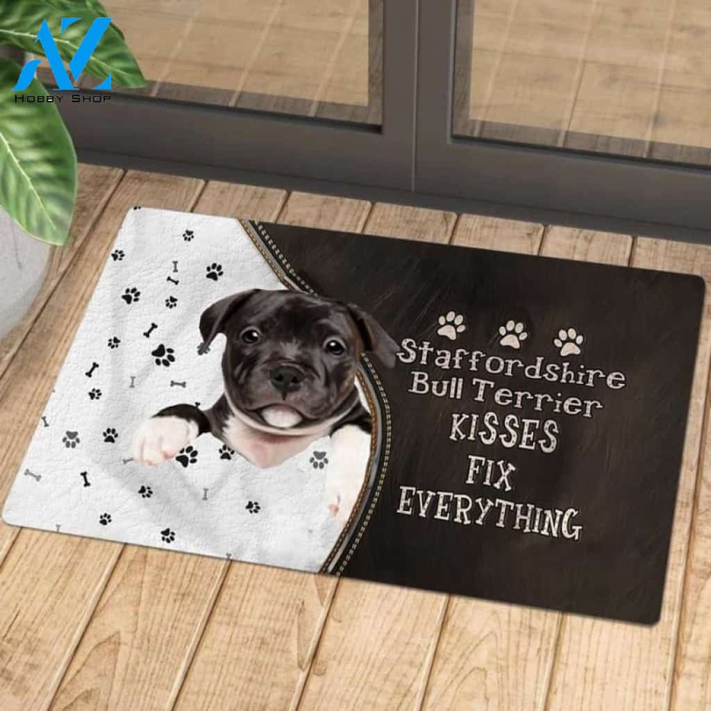 Staffordshire Bull Terrier Doormat, Kisses Fix Everything Doormat, Dog Welcome Mat, Funny Welcome Mats for Dogs Lovers