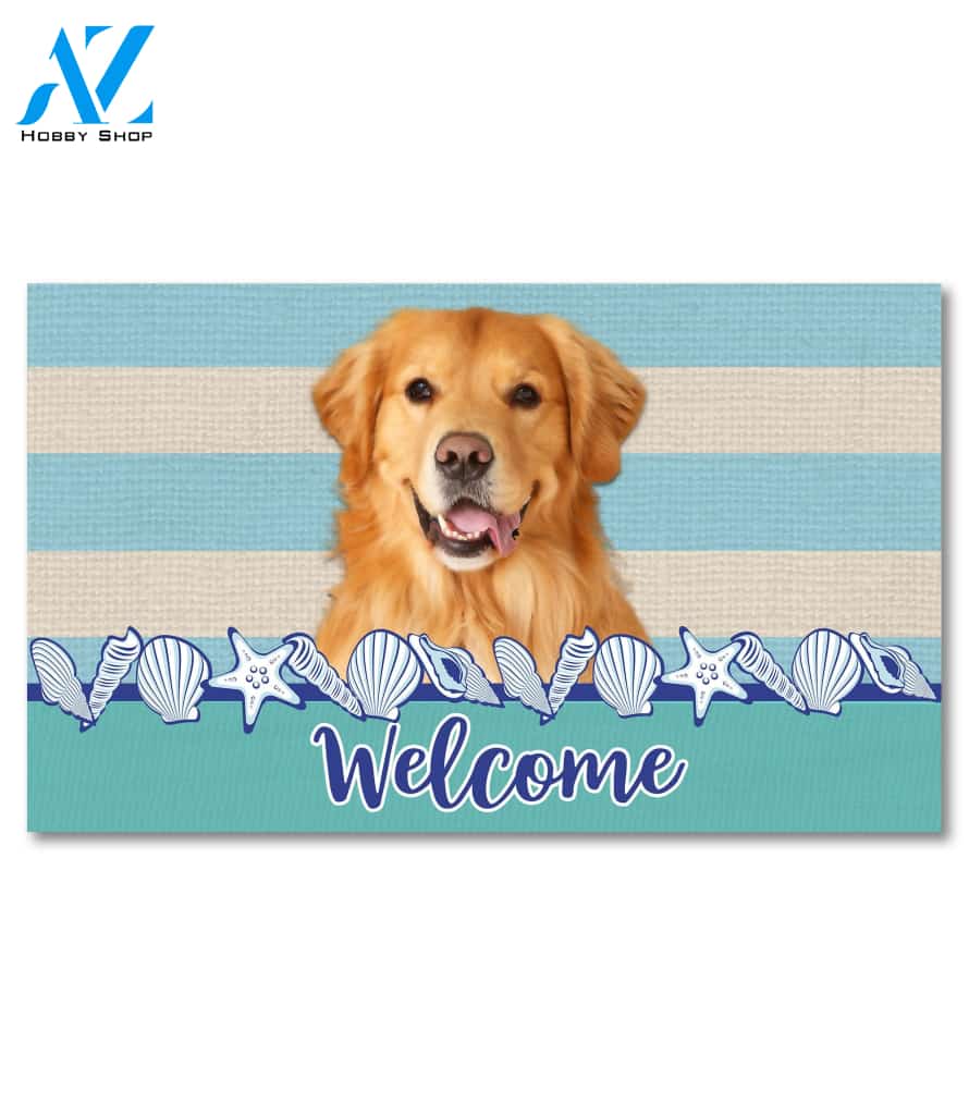 Stripes and Seashells Golden Retriever Doormat - 18" x 30"