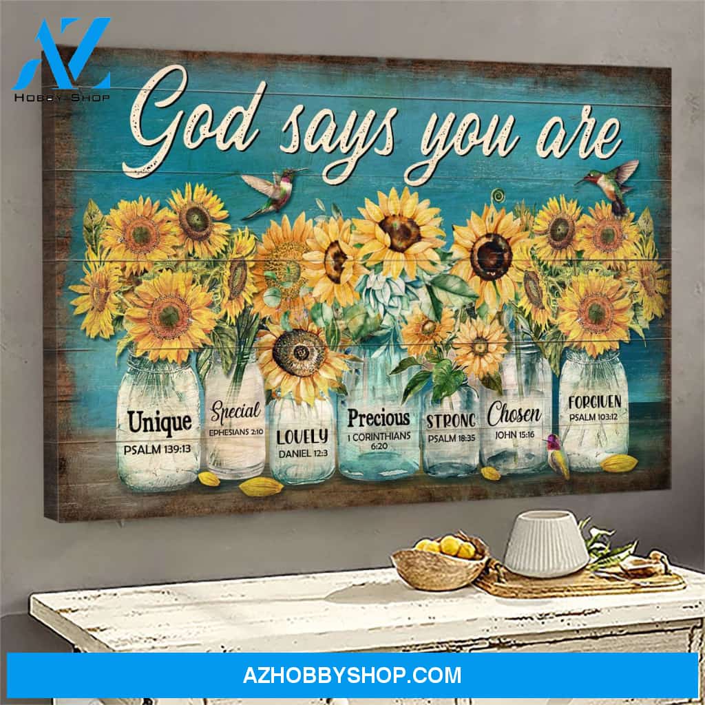 Sunflower jar - God says you are - Jesus Landscape Canvas Prints, Wall Art