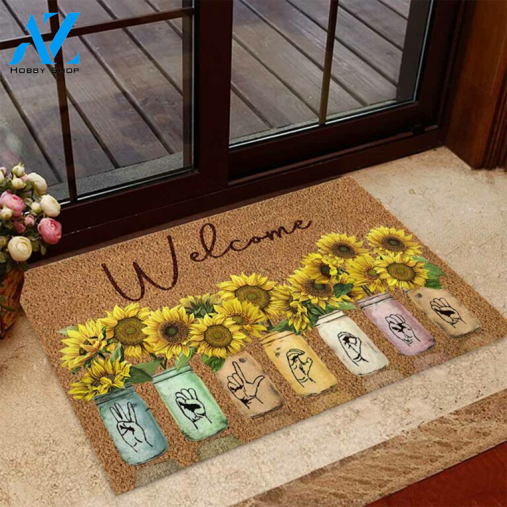 Sunflower Welcome American Sign Language Coir Pattern Print Doormat | Welcome Mat | House Warming Gift