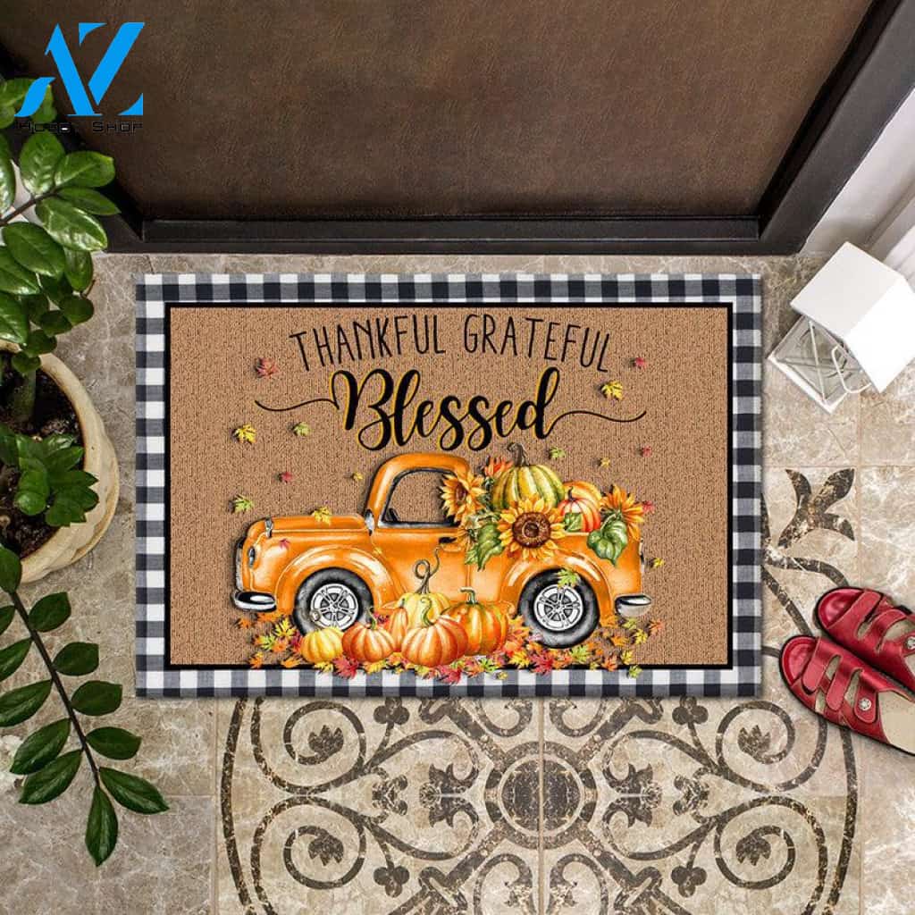 Thankful Grateful Blessed Fall Truck Doormat Welcome Mat Housewarming Gift Home Decor Funny Doormat Gift For Thanksgiving Halloween Christmas