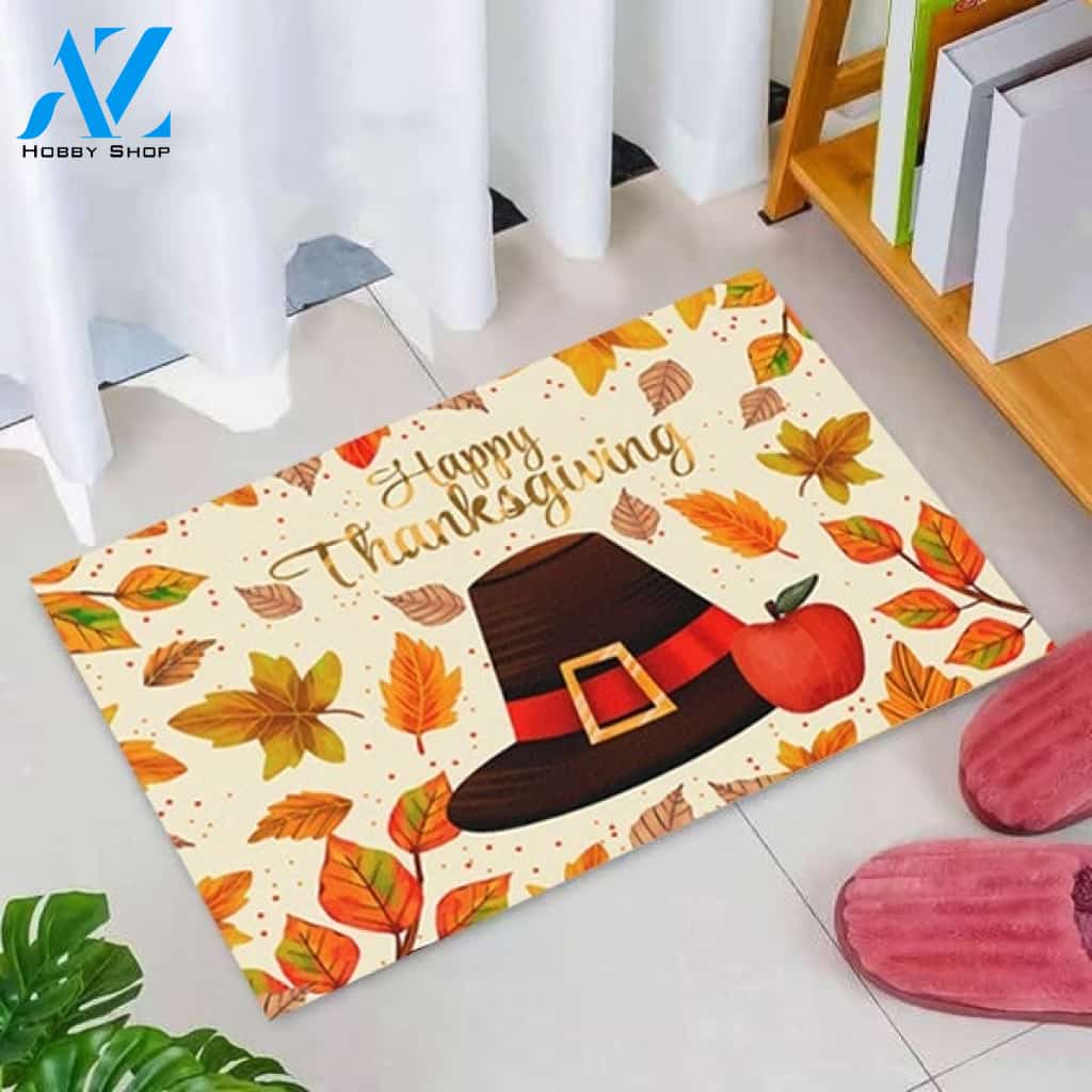 Thanksgiving With Hat & Apple Front Door Mat Floor Mat Decoration Floor Carpets Home Decor Funny Doormat Gift Idea